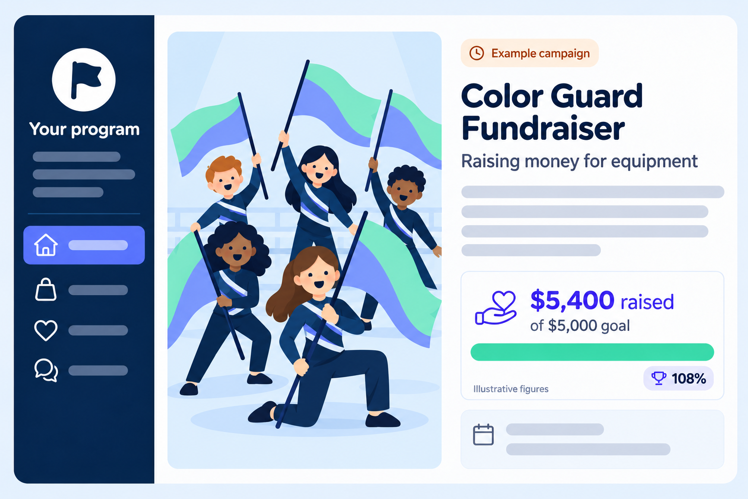 Illustrative color guard donation fundraiser showing an example shared goal, not real customer results