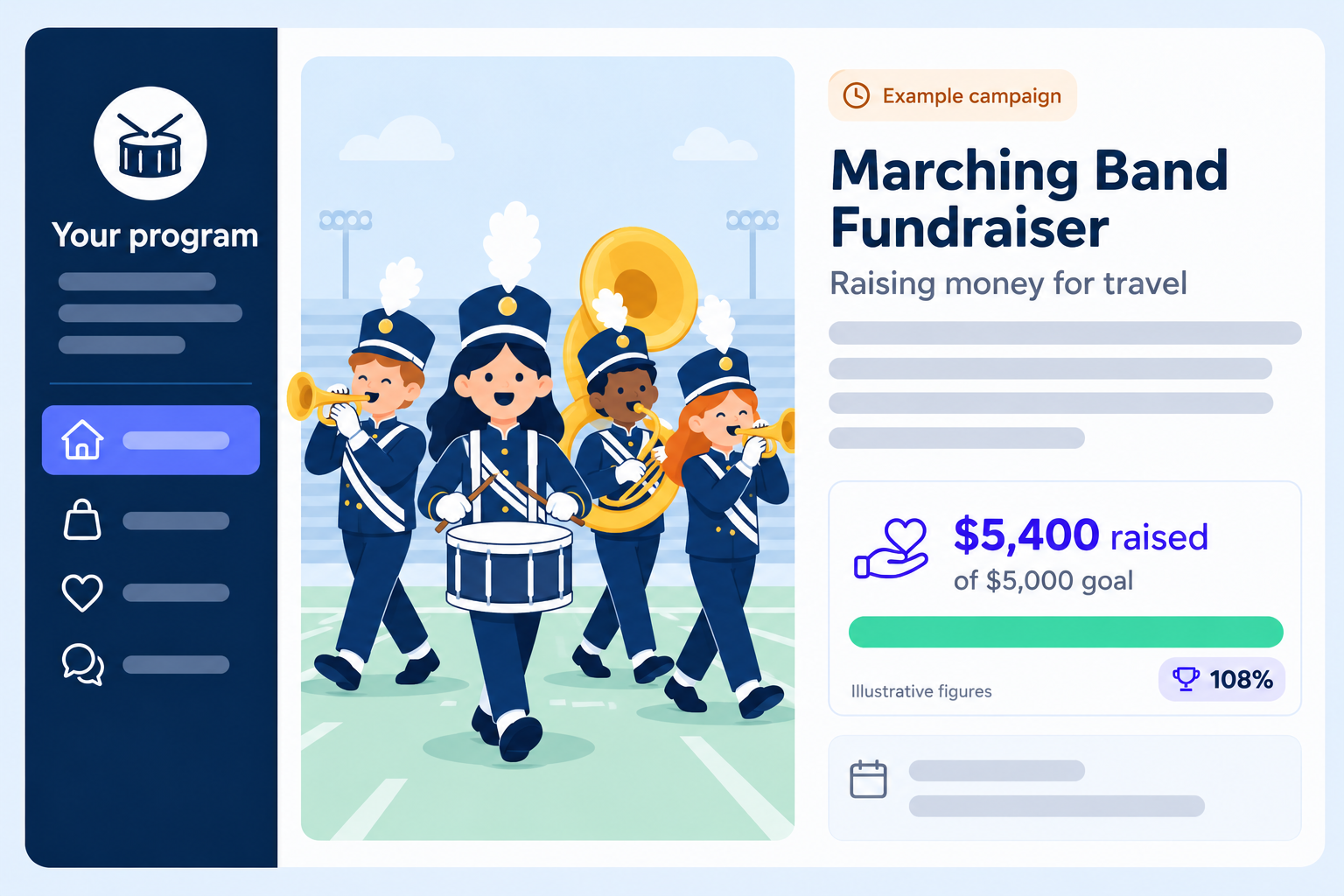 Illustrative marching band donation fundraiser showing an example shared goal, not real customer results