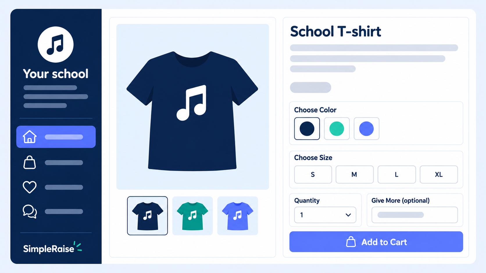 Illustrated T-shirt shopping page with color, size, and quantity choices